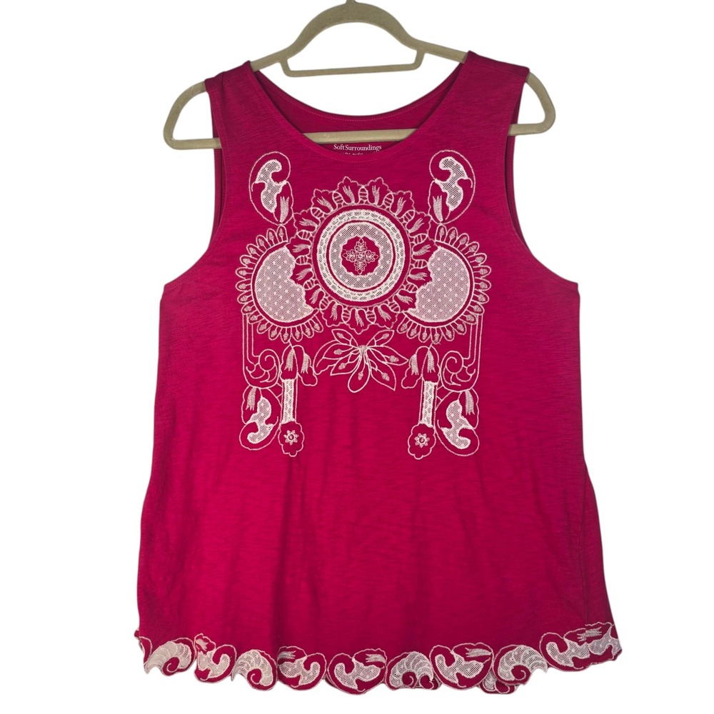 Soft Surroundings Pink Embroidered Peplum Tank Top Scalloped‎ Hem Womens Medium